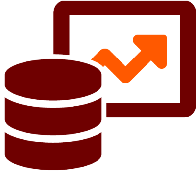 database icon in the foreground, a chart with an arrow trending upwards in the background